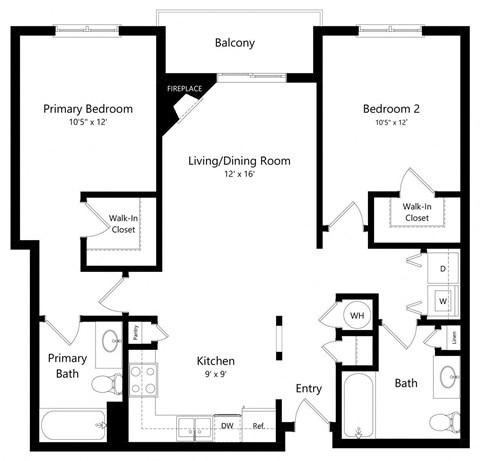 Floor plan for 2 beds, 2 baths, 1048 sqft